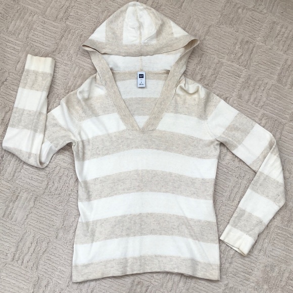GAP cozy wool blend hoodie pullover sweater top in cream and tan stripe Size S - Picture 1 of 13